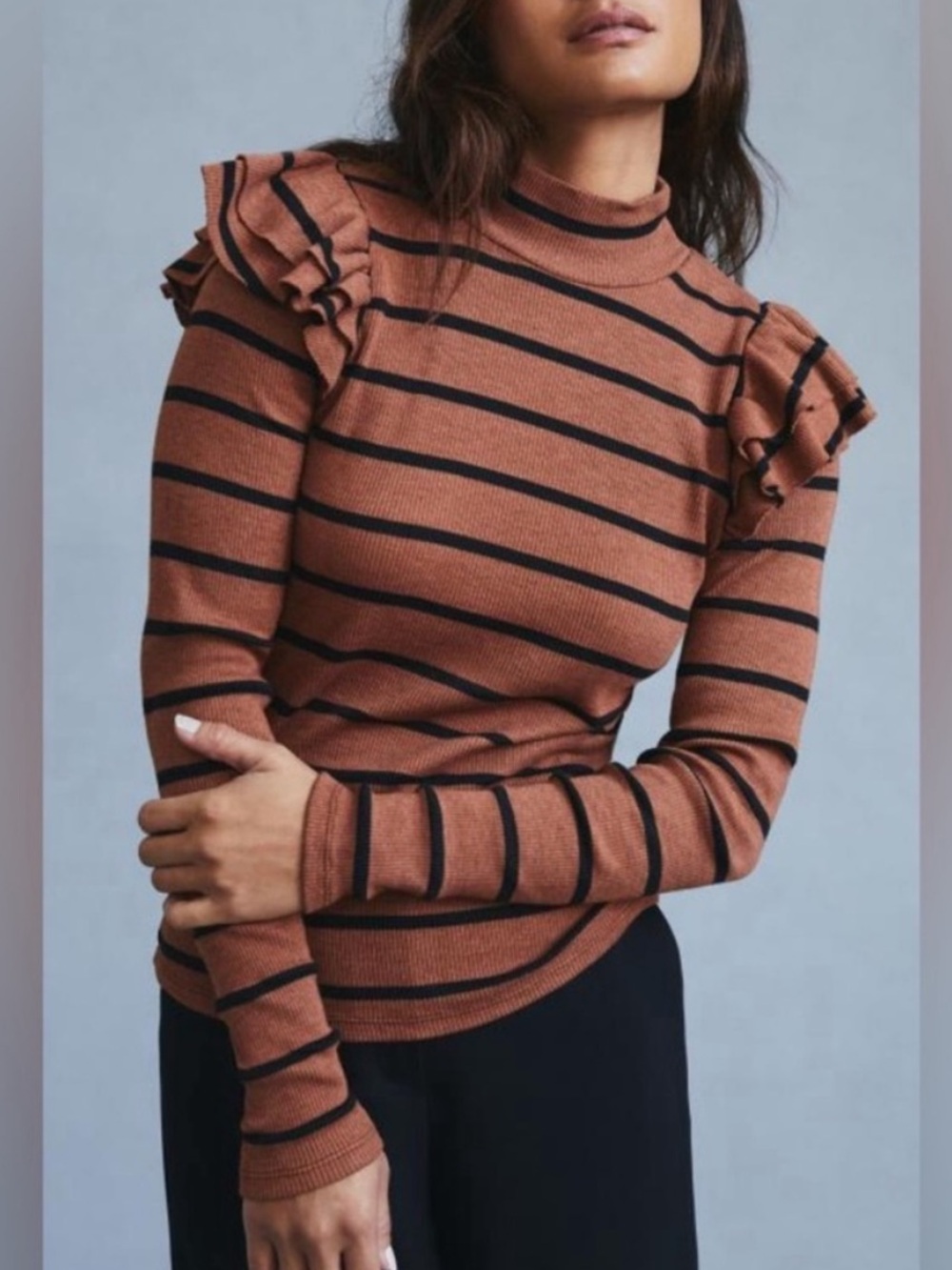 Anthropologie Rust and Black Striped Ruffle-Shoulder Long Sleeve Top